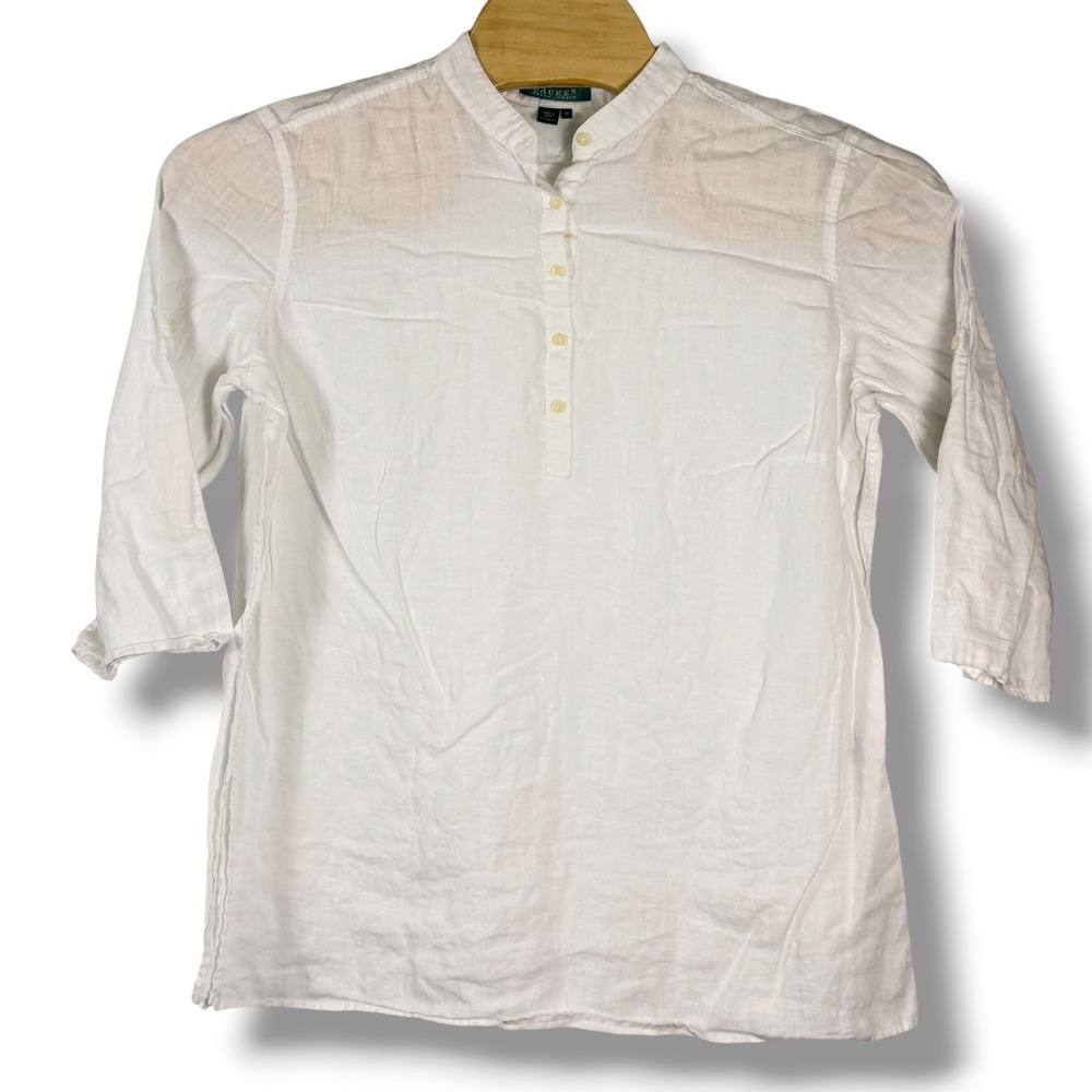 Lauren Ralph Lauren‎ Popover Linen Poplin Shirt Women 1X White Roll Tab Sleeve